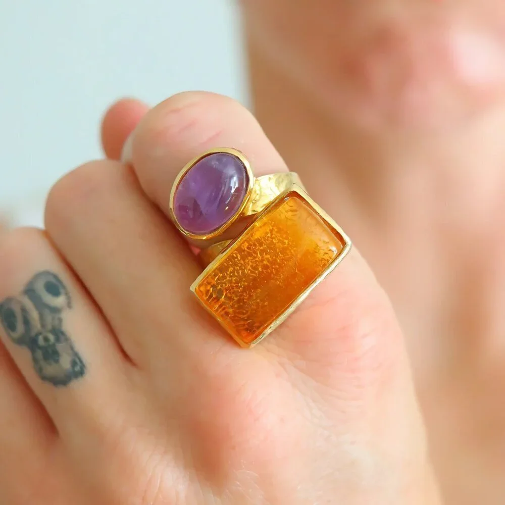 Baltic Amber And Amethyst Gold Ring- 14k Gold Plated s925